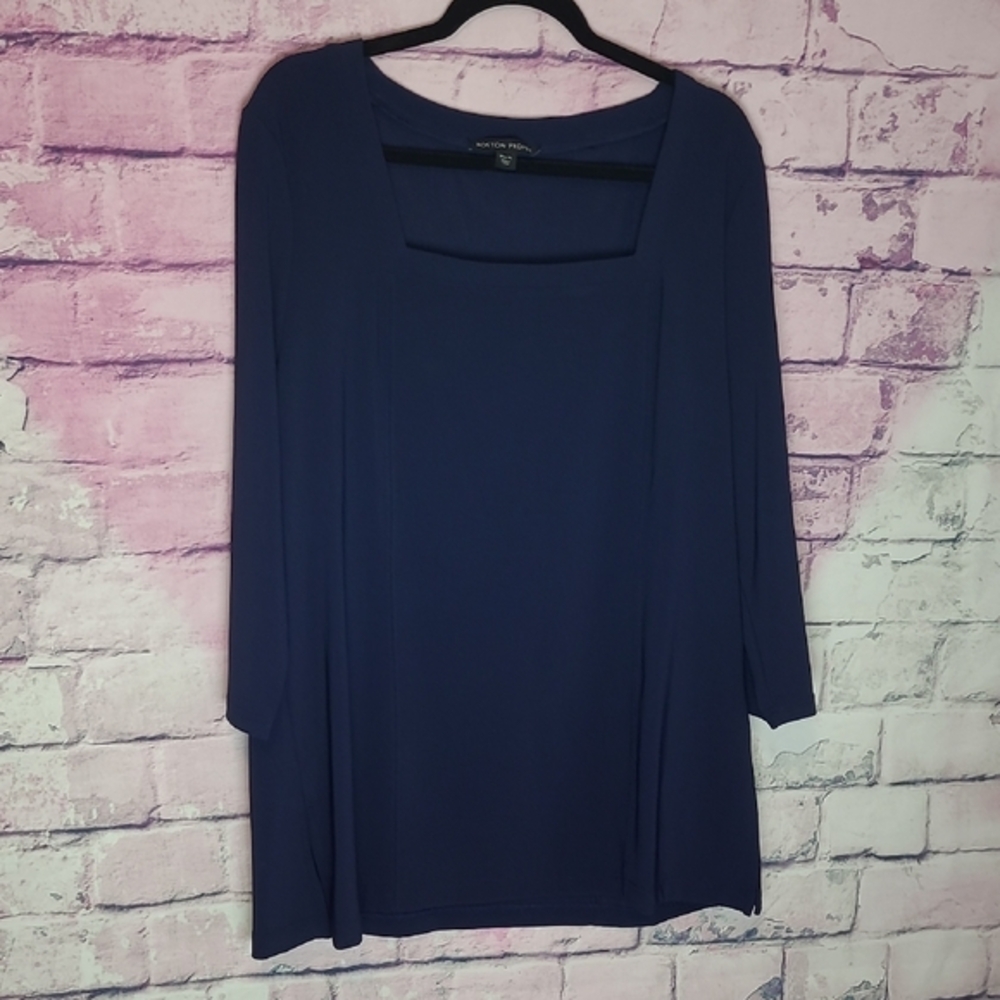 BOSTON PROPER BEYOND TRAVEL SQUARE NECK TUNIC NAVY PACKABLE NAVY XL NWT